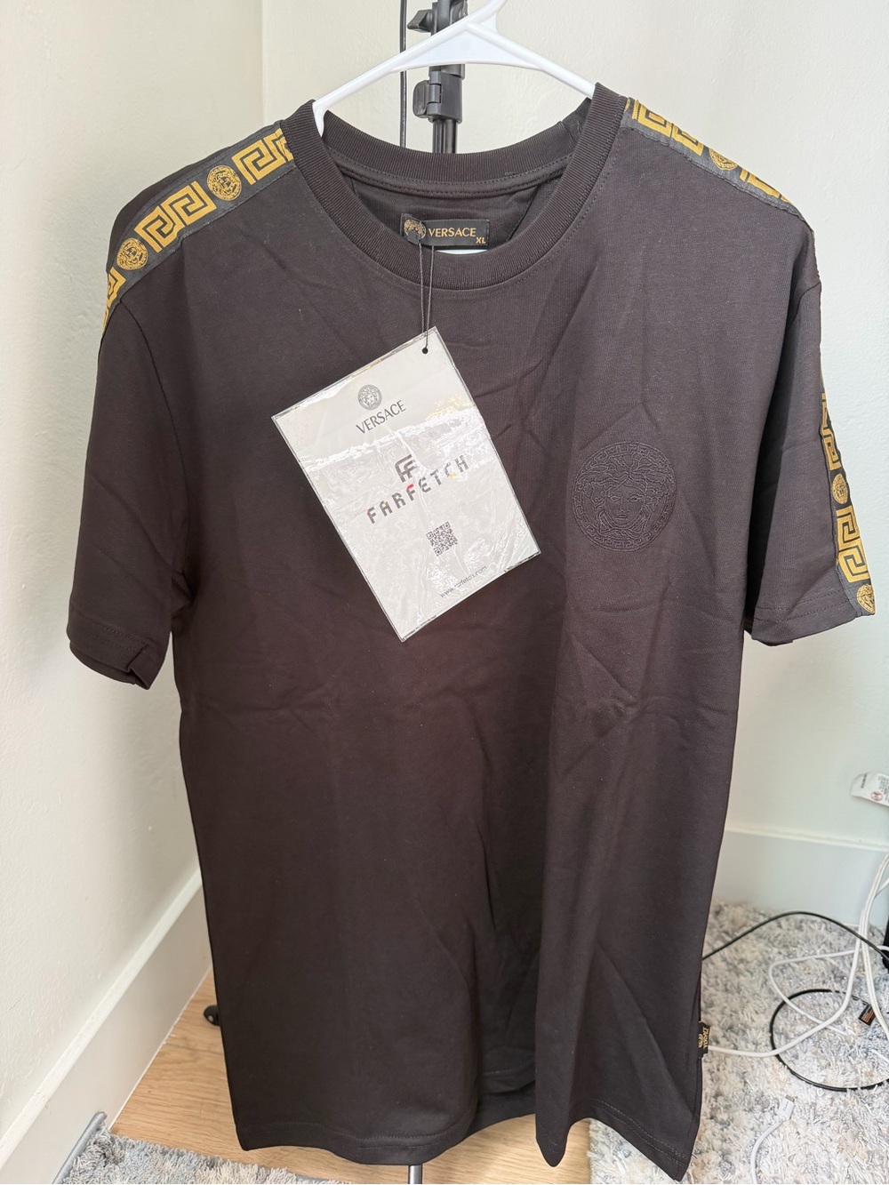 Versace Black Tee with Gold Greek Key Shoulder Trim and Medusa Detail
